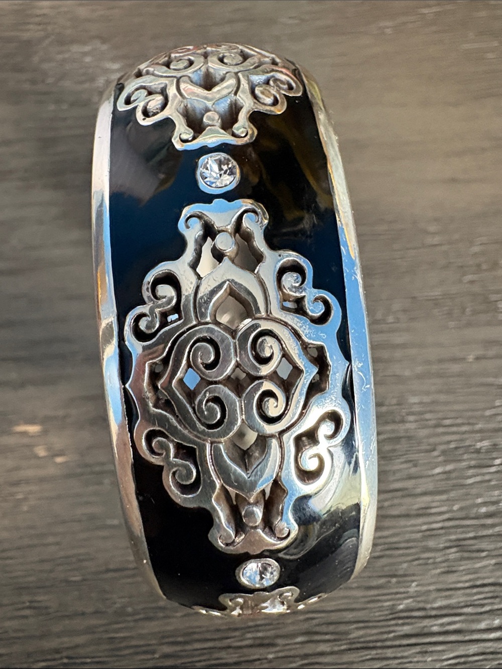 Brighton Black Enamel Bracelet with Silver Filigree and Crystal